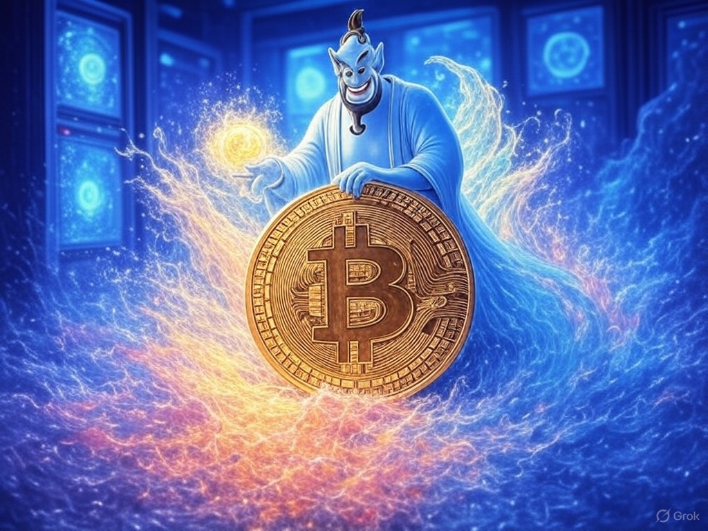 Hash Genie Logo - A blue genie holding a Bitcoin